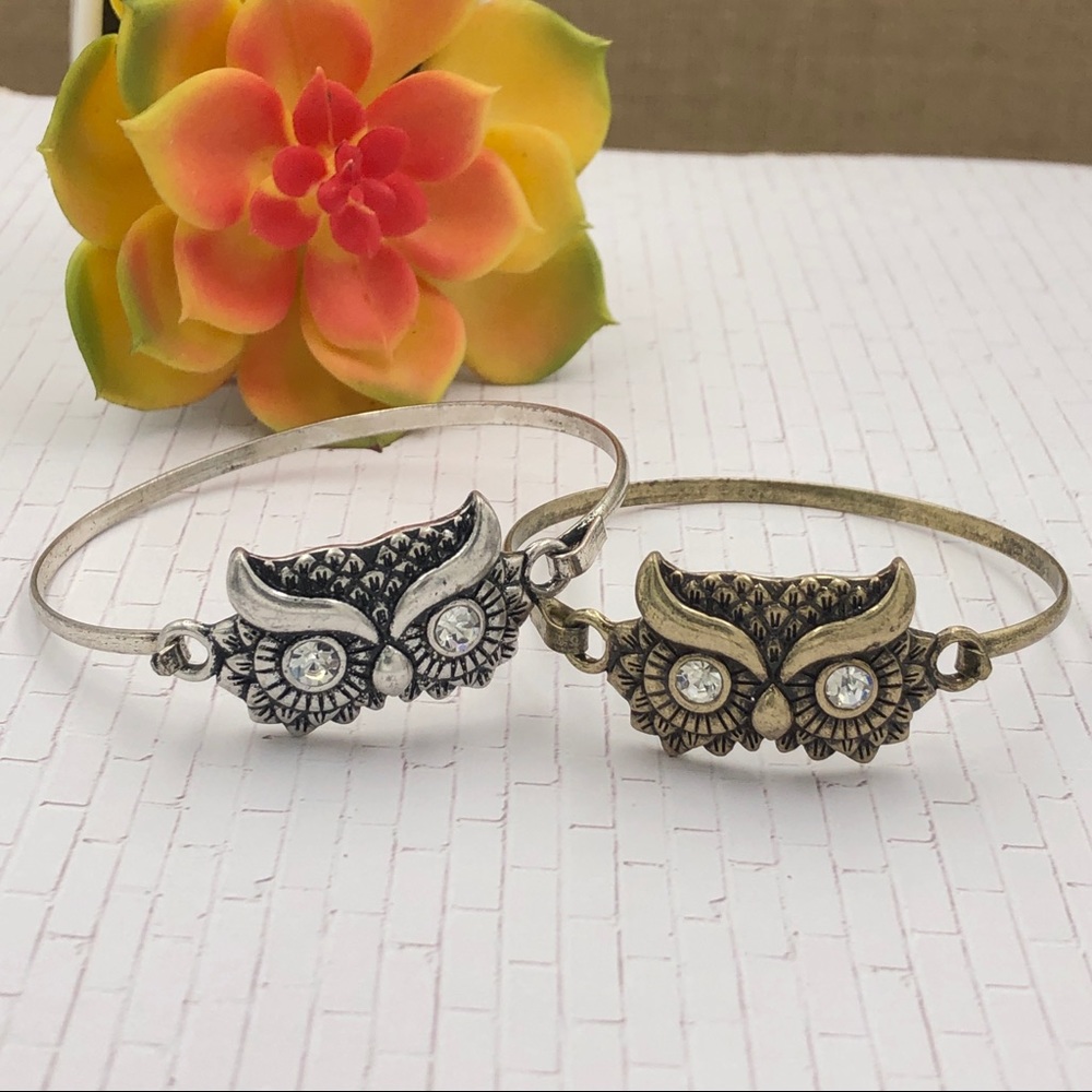 🌼 Owl Face Burnished Hook Bangle Bracelet